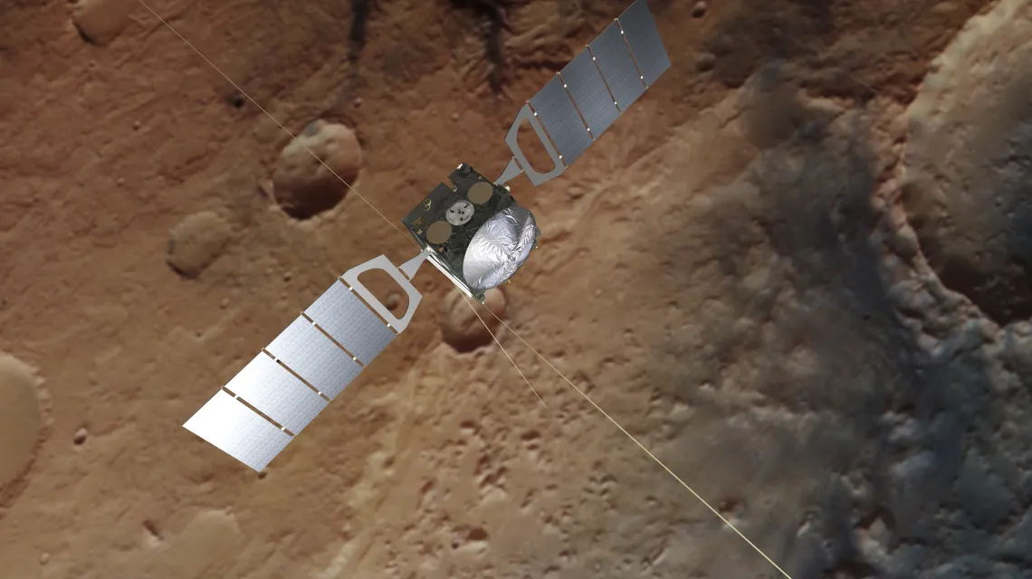 Sonda Mars Express (wyobrażenie artystyczne; tło jest autentycznym zdjęciem powierzchni planety wykonanym przez sondę) /  / ESA/ATG medialab; Mars: ESA/DLR/FU Berlin CC BY-SA 3.0 IGO