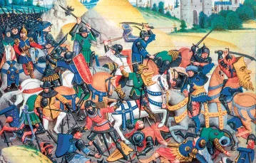 Tak bitwę pod murami Antiochii w 1098 r. – między krzyżowcami i armią saraceńską – wyobrażał sobie artysta z epoki późnego średniowiecza. / SCIENCE HISTORY IMAGES / ALAMY STOCK PHOTO / BEW