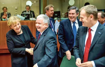 Angela Merkel, Lech Kaczyński, Gordon Brown i Donald Tusk, Bruksela, marzec 2009 r. / UPPA / PHOTOSHOT / REPORTER