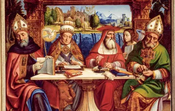 Święci Augustyn, Grzegorz Wielki, Hieronim i Ambroży.  Pier Francesco Sacchi, Czterej doktorzy Kościoła, 1516 r., Luwr. / JOSSE / LEEMAGE / AFP / EAST NEWS