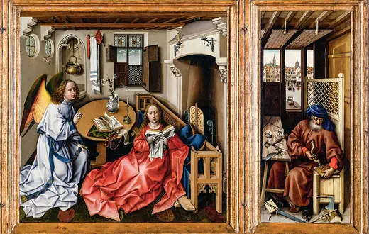 Józef z wiertłem i pułapką na myszy. Część środkowa i prawe skrzydło Tryptyku Mérode, ok. 1427–1432 r., Metropolitan Museum of Art w Nowym Jorku / / DOMENA PUBLICZNA