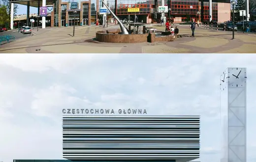 Powyżej: Dworzec Częstochowa Główna. Poniżej: wizualizacja jego przebudowy. Koncepcja pracowni TOPROJEKT (Rybnik), AND STUDIO (Paryż) oraz STUDIO ANTONINI (Paryż). / PRZYKUTA / CREATIVE COMMONS // POLSKIE KOLEJE PAŃSTWOWE S.A. / MATERIAŁY PRASOWE