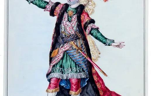 Wojciech Bogusławski w tytułowej partii w operze Antonia Salieriego „Axur”. Rycina Friedricha Antona Lohrmanna z 1793 r. / Fot. Gabinet Rycin Biblioteki Uniwersyteckiej / BUW
