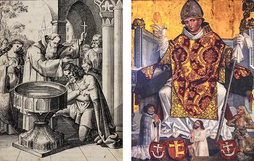 Z lewej: Chrzest Mieszka I, przyjęty prawdopodobnie z rąk biskupa Jordana (XIX-wieczna rycina). Z prawej: Św. biskup Stanisław ze Szczepanowa (XVI-wieczny obraz w krużgankach krakowskich franciszkanów). / Fot. Reprodukcja: Piotr Mecik / FORUM