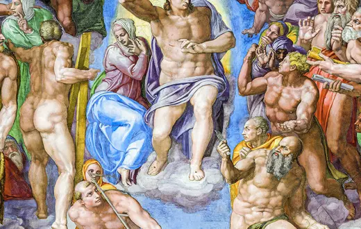 Środkowa część "Sądu Ostatecznego" Michała Anioła Buonarrotiego (Kaplica Sykstyńska, 1536-1541) z postacią Chrystusa w centrum. W prawym dolnym rogu widoczny św. Bartłomiej, w którego skórze artysta miał zawrzeć swój autoportret. / Materiały organizatora wystawy