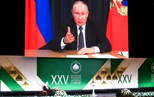 Przemówienie Władymira Putina z rezydencji w Soczi na Światowym Kongresie Narodu Rosyjskiego. Moskwa, 28 listopada 2023 r. / Fot. kremlin.ru /materiał prasowy