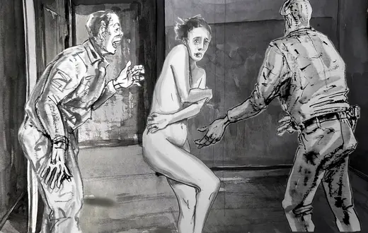 Serhii Zakharov, ilustracja z raportu „Podoba ci się, nie podoba, cierp, moja piękna – nieukarane zbrodnie. Przemoc seksualna rosyjskich wojsk okupacyjnych wobec ukraińskich kobiet”, 2024 / materiały prasowe Instytutu Pileckiego
