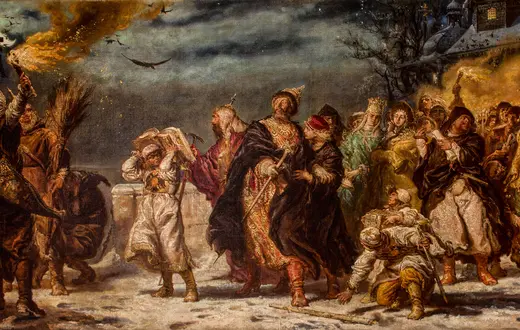 Jan Matejko, Iwan Groźny, 1875 r. (fragment). Obraz przedstawia scenę prowadzenia na szubienicę Michaiła Jakowlewicza Morozowa, wojewody i namiestnika inflanckiego. Obok cara idzie metropolita moskiewski, Lewta, i carewicz Fiodor. Za nimi - caryca Maria i słynący z okrucieństwa wobec zbuntowanych bojarów Malut Skuratow. Skazany Morozow ubrany jest w poniżający strój błazna // Fot. Paweł Czernicki / MNK w Krakowie / materiały prasowe