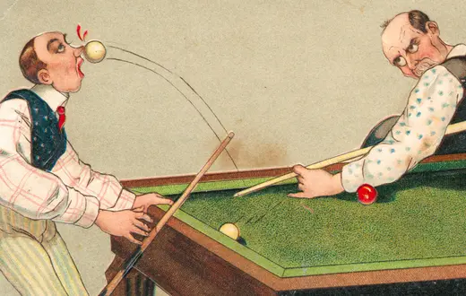 Bilardowe scenki humorystyczne, w tym karambolowe, to częsty temat pocztówek. Na podobnej zasadzie jest bilard wykorzystywany w rysunkach satyrycznych, zwłaszcza prasowych. Najlepszym przykładem był Abraham Lincoln grający w bagatelę w 1864 r. podczas walki o drugą kadencję. // Pocztówka z kolekcji Łukasza Dziadkiewicza