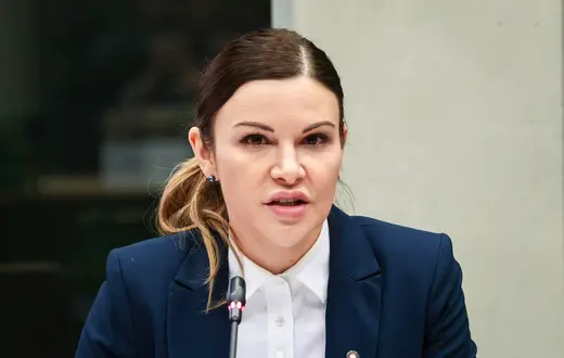 Agnieszka Kwiatkowska-Gurdak na sejmowej komisj śledczej w sprawie Pegasusa. Warszawa, 18 lutego 2025 r. // Fot. Anita Walczewska / East News