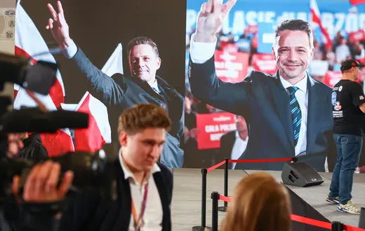 Dziennikarze na wieczorze wyborczym Rafała Trzaskowskiego. Sandomierz, 18 maja 2025 r. // Fot. Beata Zawrzel / Reporter