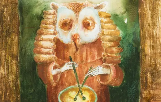 Barbara Ziembicka, „Sowa” (fragment) - cykl Bestiariusz albo sceny z życia zwierząt, 2025 akwarela 38 × 33 cm // materiały prasowe wystawy „Owocowanie", Nowohuckie Centrum Kultury