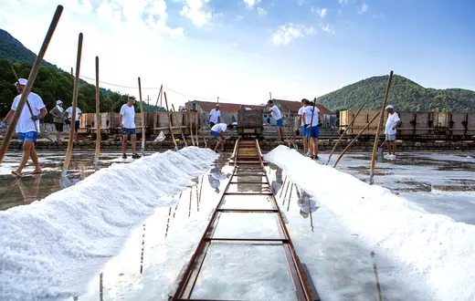 Saliny w Stonie na półwyspie Pelješac w Chorwacji są jednymi z najstarszych nieprzerwanie działających salin w Europie. // Fot. Grgo Jelavic / PIXSELL / Alamy / Be&W