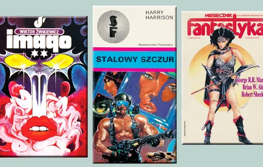 Ilustracje na okładki książek S-F i „Fantastyki", lata 80. ub.w. Od lewej: Wiktor Żwikiewicz, Piotr Łukaszewski, Andrzej Brzezicki // Dzięki uprzejmości wydawnictwa Wydałem