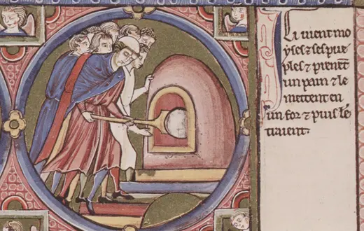 Scena starotestamentowa z Biblii Moralizowanej: Izraelici pieką chleb. Codex Vindobonensis 2554, 1 poł. XIII w., folio 27v / / fot. Österreichische Nationalbibliothek w Wiedniu