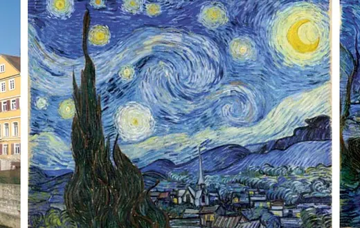Komputerowy van Gogh: obraz po prawej został wygenerowany przez Sztuczną Inteligencję na podstawie fotografii z lewej oraz słynnego dzieła „Gwiaździsta noc” holenderskiego postimpresjonisty. / DEEPART.IO