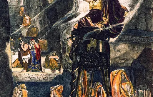 Wieszczka Pytia w świątyni Apolla w Delfach. Drzeworyt z ok. 1890 r. na podstawie obrazu Henriego Motte, kolor dodany później / AKG / EAST NEWS