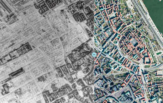 Po lewej zdjęcie lotnicze Warszawy z 27 lipca 1944 r. (widać wyburzone kwartały dawnego getta). Po prawej Warszawa z roku 2020. / STRONA INTERNETOWA ZDJECIA.KORZENIEMIASTA.PL