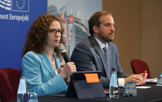Europosłowie Sophia In 'T Veld oraz Jeroen Lenaers z komisji śledczej Parlamentu Europejskiego ds. oprogramowania szpiegowskiego Pegasus. Warszawa, 21.9.2022 / fot. Tomasz Jastrzebowski/REPORTER / 