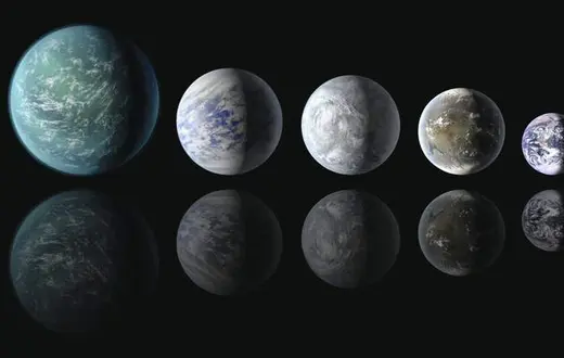 Od lewej: egzoplanety Kepler-22b, Kepler-69c, Kepler-62e i Kepler-62f oraz Ziemia / Fot. Wendy Stenzel / NASA