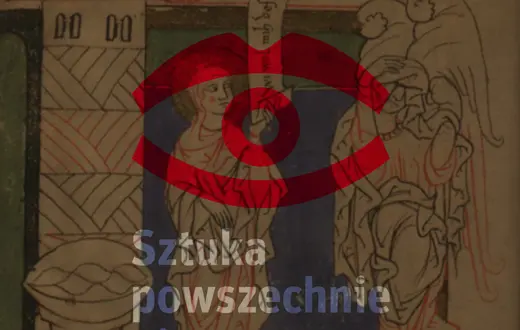 W tle: Anioł objawia się Marii koło studni / Priester Wernher, „Driu liet von der maget”, Bawaria ok. 1220 (?), Biblioteka Jagiellońska, Berol. Ms. Germ. Oct. 109 (fol. 42v)
