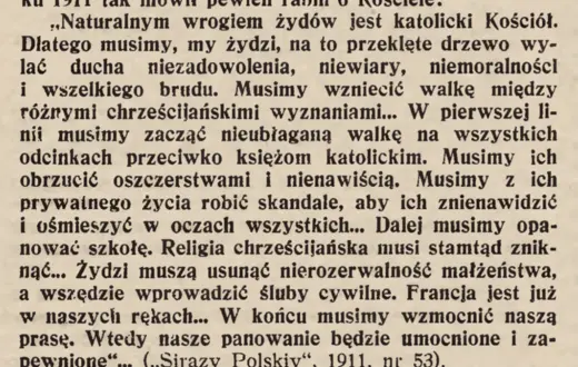 Fragment antysemickiego artykułu pt. "Musimy się rozstać" z tarnowskiego Ilustrowanego Tygodnika Katolickiego "Nasza Sprawa" nr 48/1937 - źródło: jbc.bj.uj.edu.pl