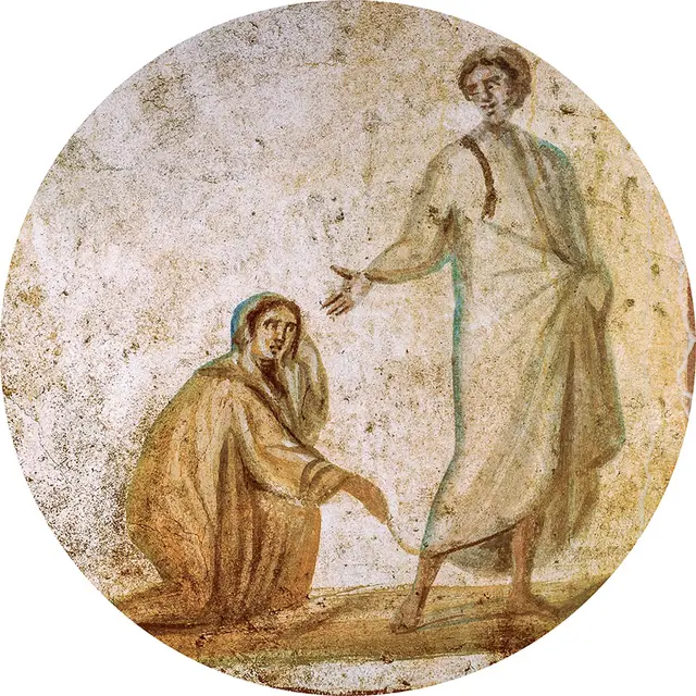 Fresk przedstawiający Jezusa uzdrawiającego kobietę. Rzym, katakumby św. Marcelina, III wiek. / ANDRÉ HELD / BEW