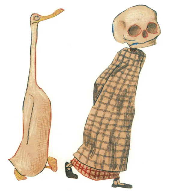 Ilustracja Wolfa Erlbrucha do jego książki "Gęś, śmierć i tulipan" / 