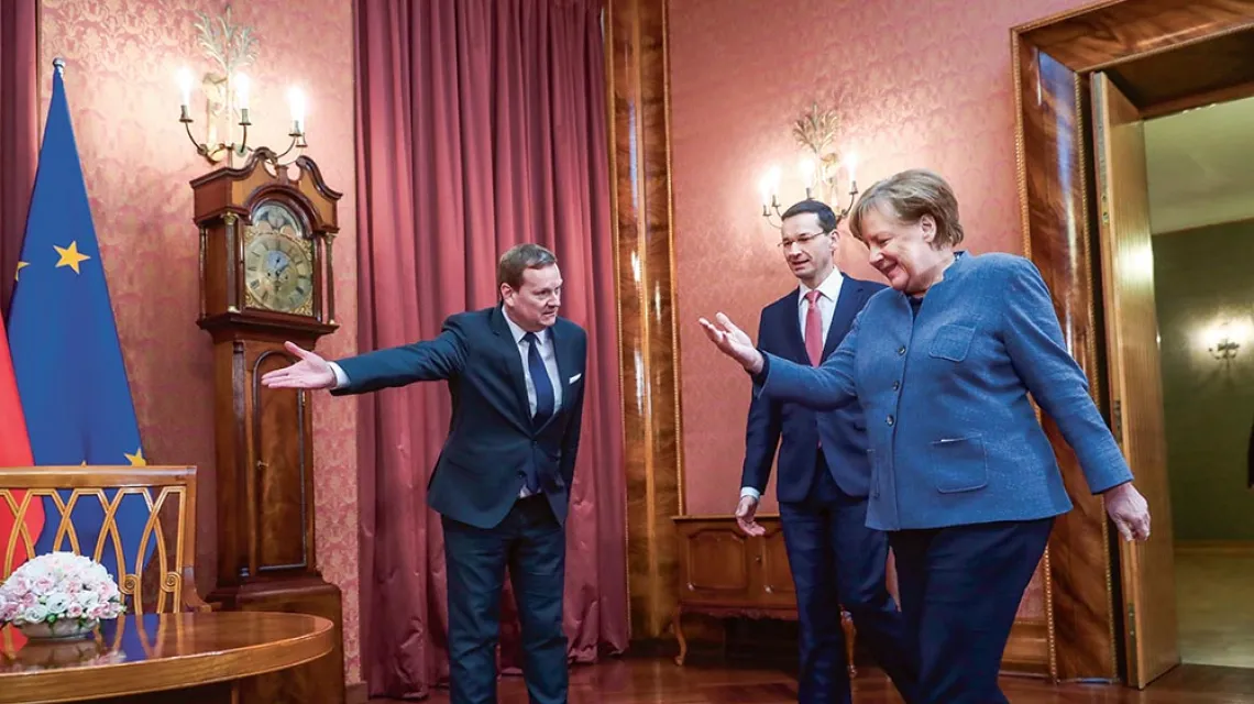 Premier Mateusz Morawiecki z Angelą Merkel podczas jej wizyty wWarszawie, 19 marca 2018 r. / ANDRZEJ IWANCZUK / REPORTER