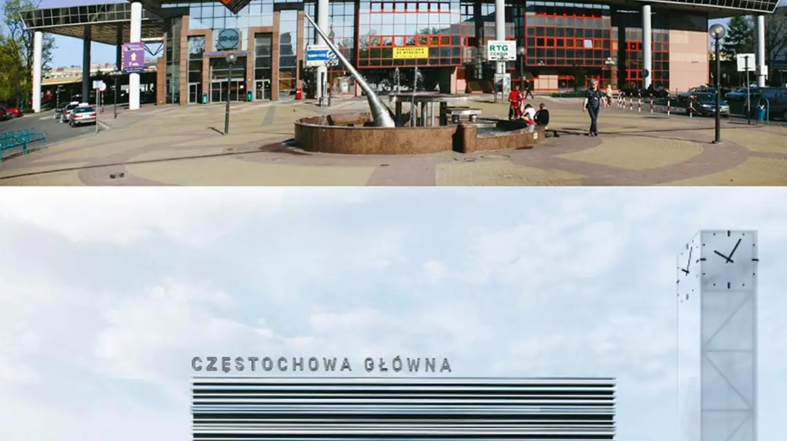 Powyżej: Dworzec Częstochowa Główna. Poniżej: wizualizacja jego przebudowy. Koncepcja pracowni TOPROJEKT (Rybnik), AND STUDIO (Paryż) oraz STUDIO ANTONINI (Paryż). / PRZYKUTA / CREATIVE COMMONS // POLSKIE KOLEJE PAŃSTWOWE S.A. / MATERIAŁY PRASOWE