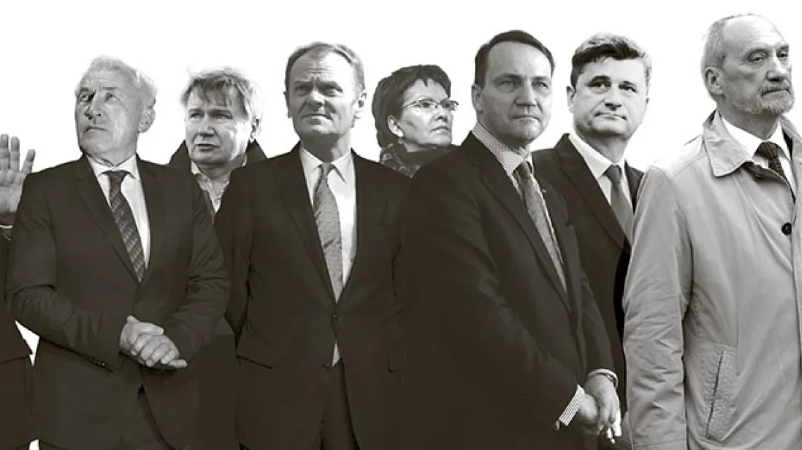 Od lewej: Jarosław Kaczyński, Edmund Klich, Jerzy Miller, Donald Tusk, Ewa Kopacz, Radosław Sikorski, Janusz Palikot, Antoni Macierewicz / 