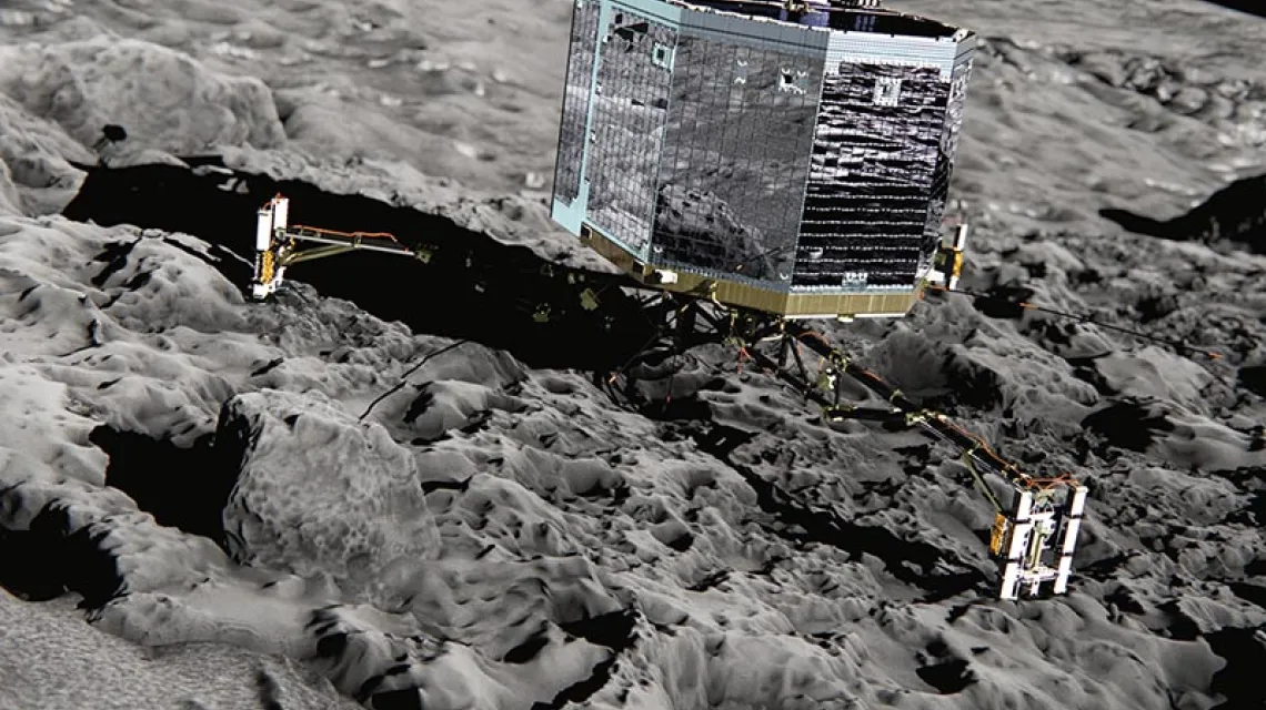 Lądownik Philae na powierzchni komety 67P/Czuriumow-Gierasimienko (wizualizacja) / Fot. NASA