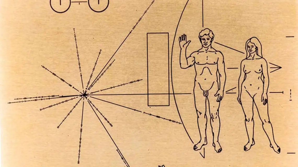 Taka złota plakietka projektu Franka Drake'a i Carla Sagana poleciała w kosmos na pokładzie sondy Pioneer 10, 3.03.1972 r. Przedstawia kobietę i mężczyznę na tle sondy i schemat Układu Słonecznego z jej trasą. Drugą plakietkę zabrał Pioneer 11 5.04.1973 r / Fot. Domena Publiczna