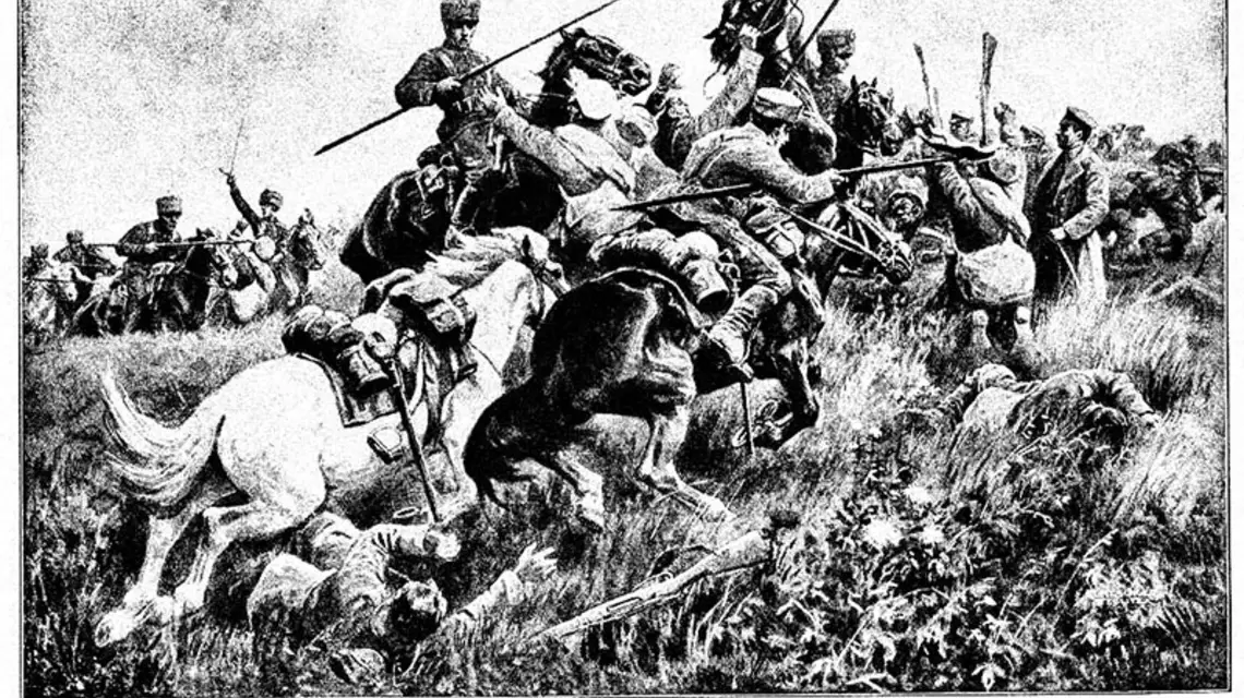 Niemieccy ułani w starciu z rosyjską kawalerią nad rzeką Wilejką, jesień 1915 r. Rycina z epoki. / Fot. Za historyisnowmagazine.com / DOMENA PUBLICZNA