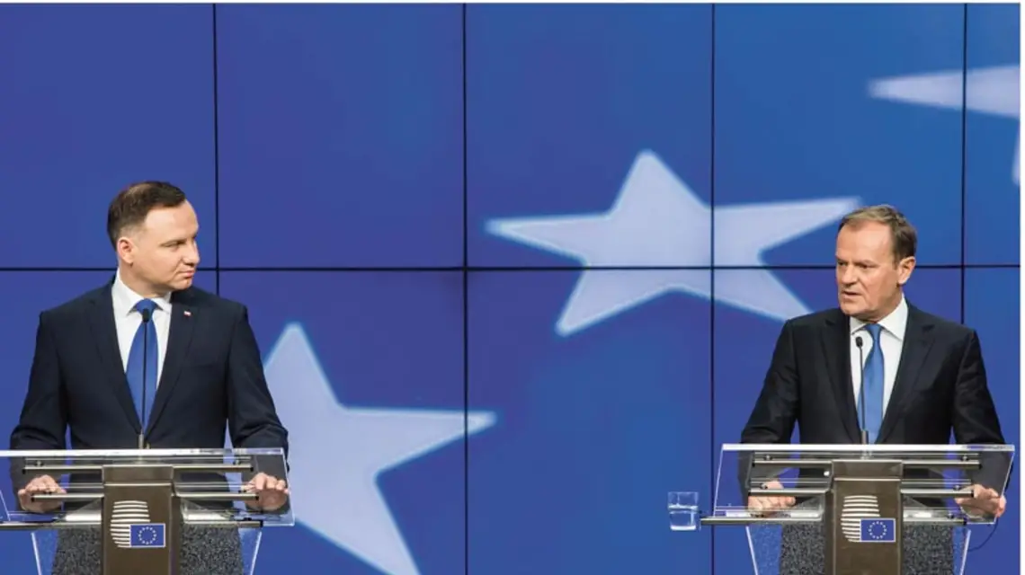 Konferencja prasowa prezydenta Andrzeja Dudy i przewodniczącego Rady Europejskiej Donalda Tuska, Bruksela, 18 stycznia 2016 r. Fot. Łukasz Kobus / FORUM / 