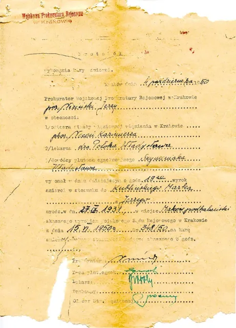 Protokół wykonania kary śmierci na Marku Kublińskim, 4 października 1950 r. / Fot. IPN