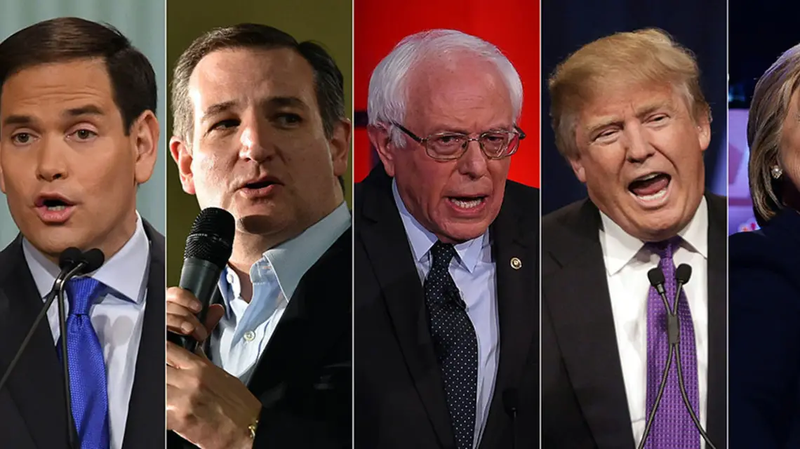 Kandydaci na kandydata na prezydenta USA. Od lewej: Marco Rubio, Ted Cruz, Bernie Sanders, Donald Trump i Hillary Clinton. / Fot. Oliver Berg / DPA / PAP