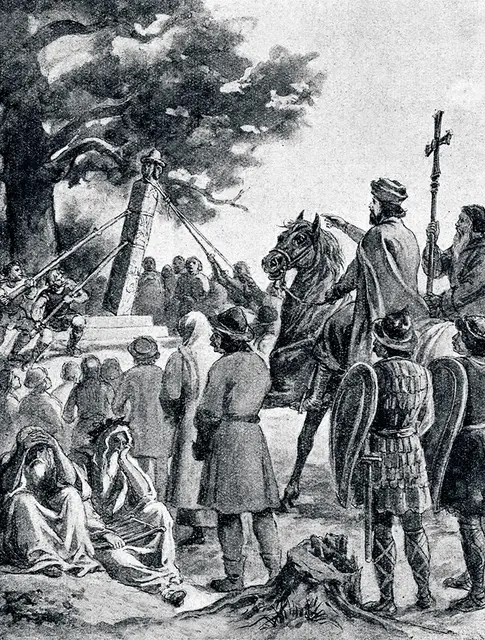 Mieszko I obala pogańskie posągi: według XIX-wiecznego wyobrażenia / Fot. Reprodukcja: Piotr Mecik / FORUM