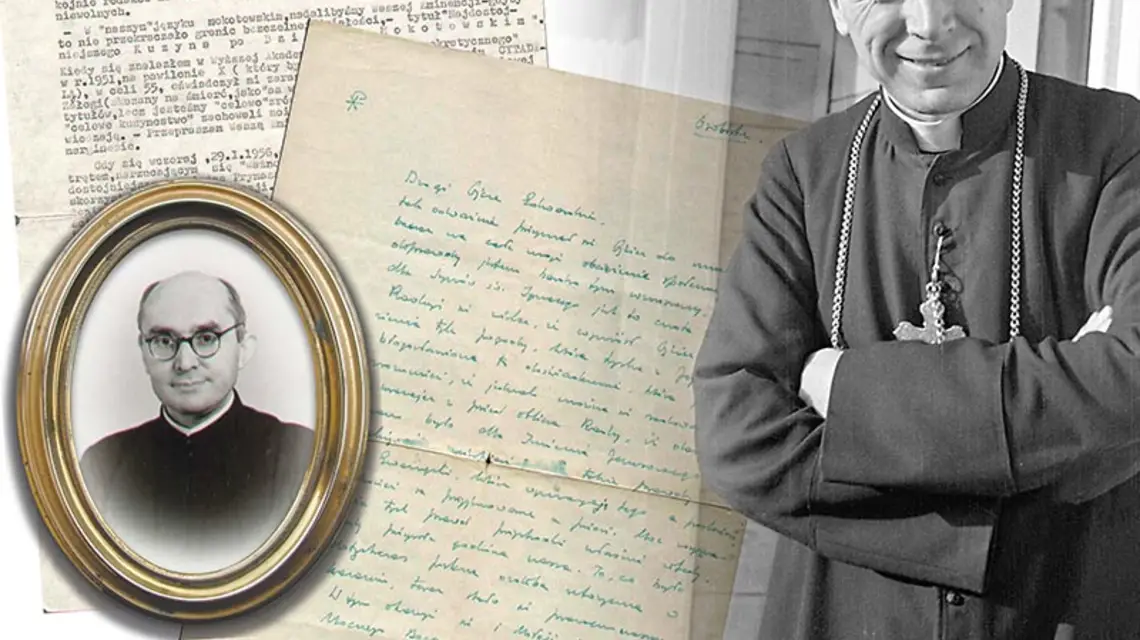 List o. Edwarda Bulandy do kard. Stefana Wyszyńskiego i odręczna odpowiedź prymasa. Na fotografiach: o. Bulanda (data zdjęcia nieznana) i kard. Wyszyński w Komańczy, w 1956 r. / Fot. NAC x1 / Archiwum Prowincji Wielkopolsko-Mazowieckiej Towarzystwa Jezusowego x3
