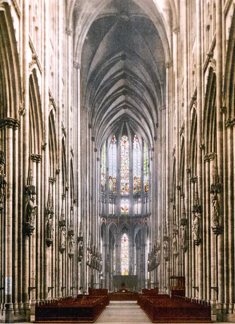 Wnętrze katedry św. Piotra i Najświętszej Marii Panny w Kolonii. Szwajcarska litografia z 1900 r. Autor nieznany. / Fot. wikipedia.org