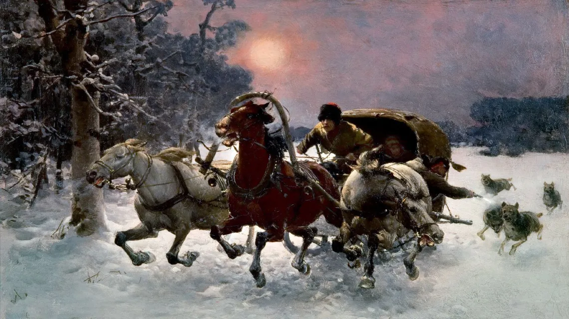 Alfred Wielusz-Kowalski, Ścigani przez wilki, ok. 1885, olej na płótnie, 36.2x48 cm / Z archiwum Agra-Art / 