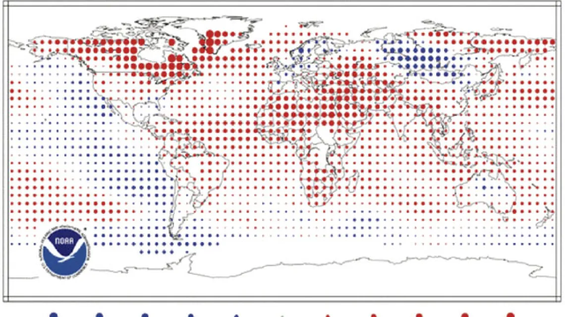 Odchylenia temperatury w 2010 r. od średniej wieloletniej (ryc. 3) / źródło: NOAA / 