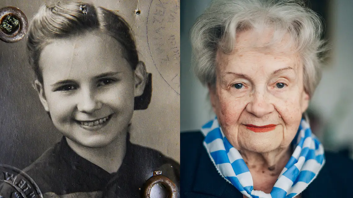 Alicjia Hintz, zdjęcie z książeczki zdrowia wydanej przez Zarząd Miejski w Warszawie, 1948 r. oraz portret współczesny 2024 r. / fot. Filip Klimaszewski dla "TP"