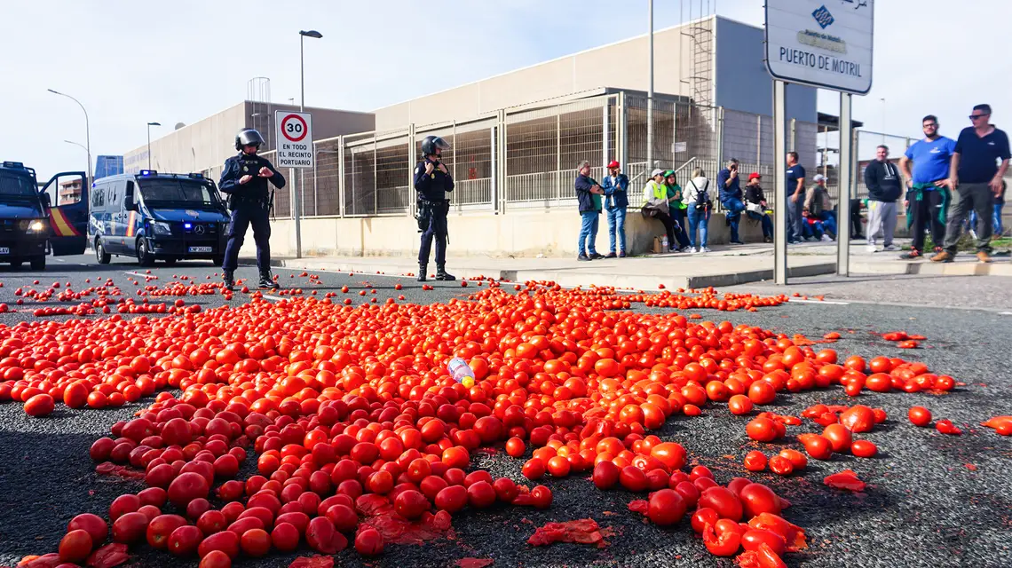 Rozsypane pomidory na wjeździe do portu towarowego w Motril w ramach protestu hiszpańskich rolników. Andaluzja, Hiszpania, 14 lutego 2024 r. / Fot. Agnieszka Zielińska