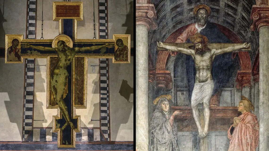 Od lewej: Cimabue, Ukryżowanie, ok. 1272/74. Obraz zniszczony podczas powodzi w 1966 r. Museo dell'Opera di S. Croce, Florencja. Tommaso Masaccio, Święta Trójca, ok. 1427-1428, Kościół Santa Maria Novella, Florencja // Fot. AKG /Rabatti & Domingie / East News // G. Nimatallah / Getty Images