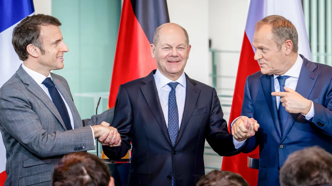 Spotkanie przywódców państw Trójkąta Weimarskiego. Emmanuel Macron, Olaf Scholz i Donald Tusk. Berlin, 15 marca 2024 r. / fot. FlashPic / ddp images / Forum