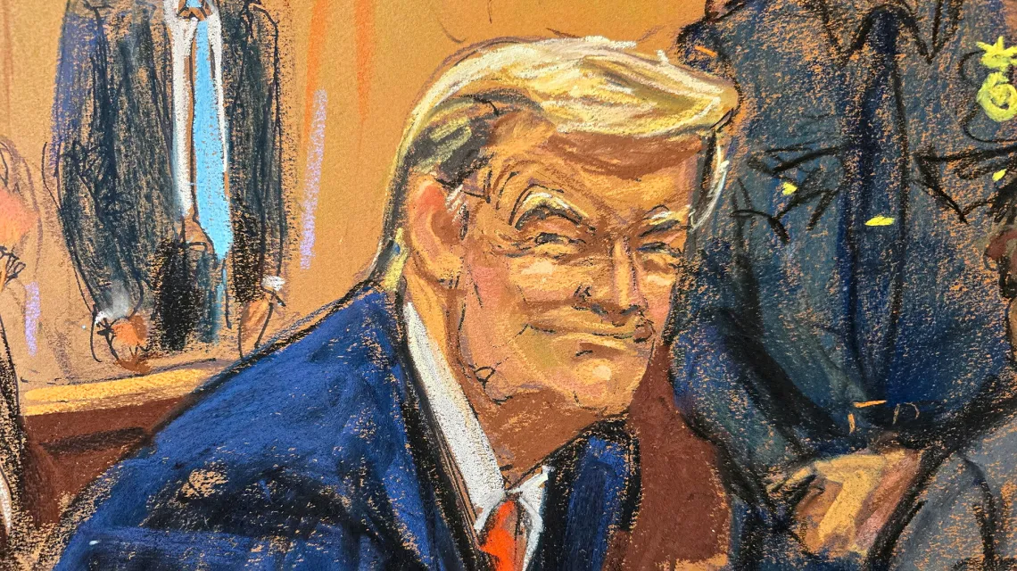 Donald Trump, szkic z sali sądowej. Nowy Jork, 25 marca 2024 r. / Fot. Jane Rosenberg / Reuters / Forum