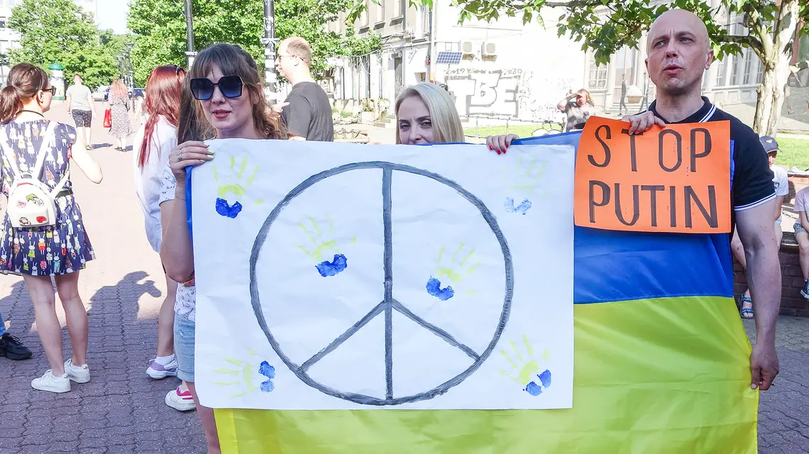 Ukraińscy uchodźcy przeciwko rosyjskiej agresji na Ukrainę. Łódź, 26 lipca 2022 r. // Fot. Piotr Kamionka / Reporter