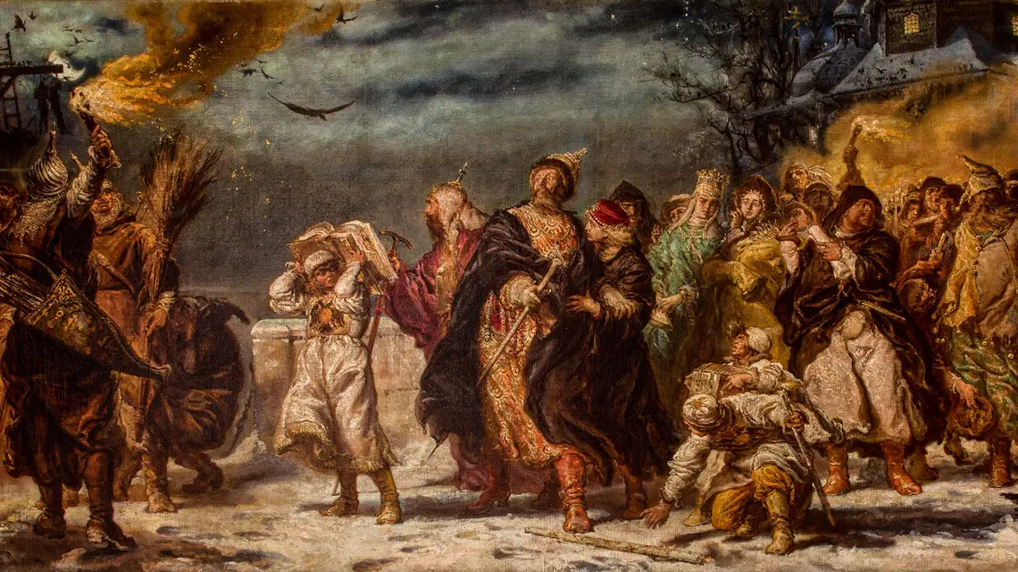 Jan Matejko, Iwan Groźny, 1875 r. (fragment). Obraz przedstawia scenę prowadzenia na szubienicę Michaiła Jakowlewicza Morozowa, wojewody i namiestnika inflanckiego. Obok cara idzie metropolita moskiewski, Lewta, i carewicz Fiodor. Za nimi – caryca Maria i słynący z okrucieństwa wobec zbuntowanych bojarów Malut Skuratow. Skazany Morozow ubrany jest w poniżający strój błazna // Fot. Paweł Czernicki / MNK w Krakowie / Materiały prasowe