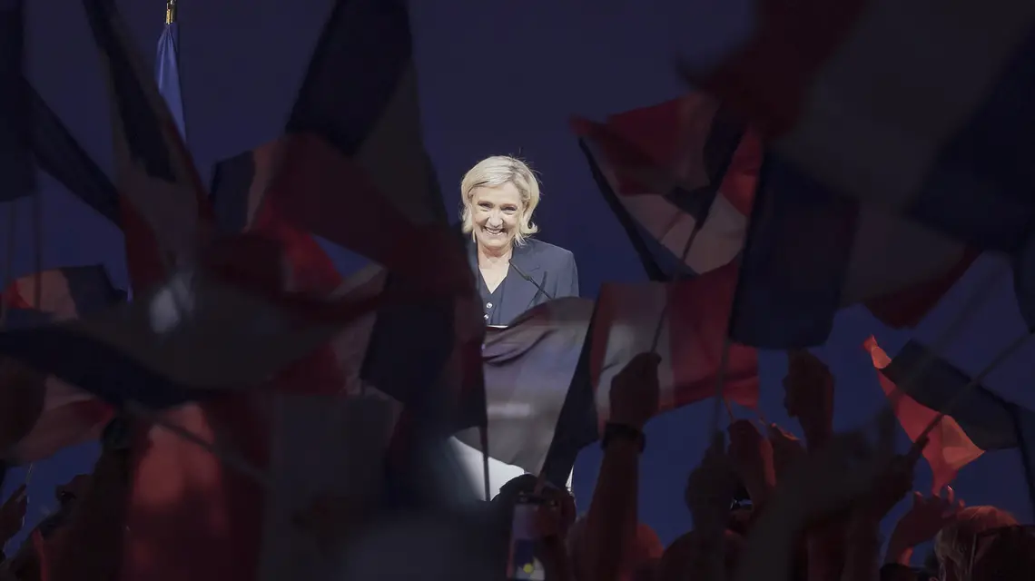 Marine Le Pen w siedzibie partii Zjednoczenie Narodowe po głosowaniu w pierwszej turze wyborów we Francji. Paryż, 30 czerwca 2024 r. // Fot. Cyril Marcilhacy / Getty Images